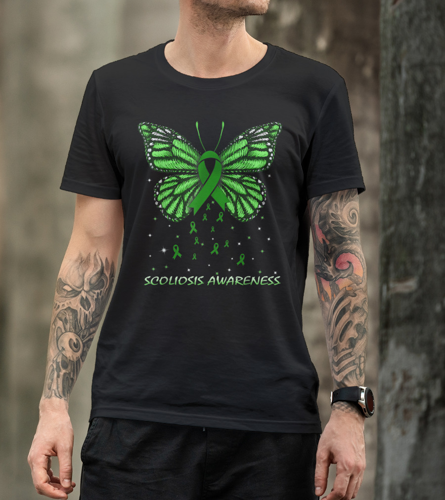 Scoliosis Awareness Green Ribbon Butterfly With Stars T-Shirt