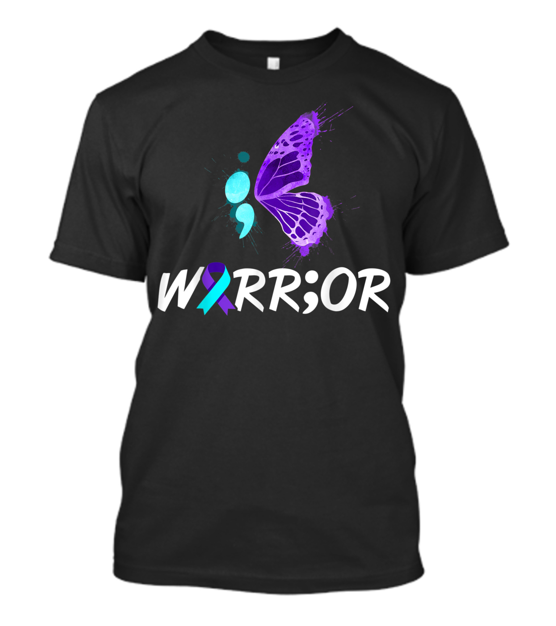 Warrior Semicolon Butterfly Teal Purple Ribbon Suicide Prevention Awareness T-Shirt