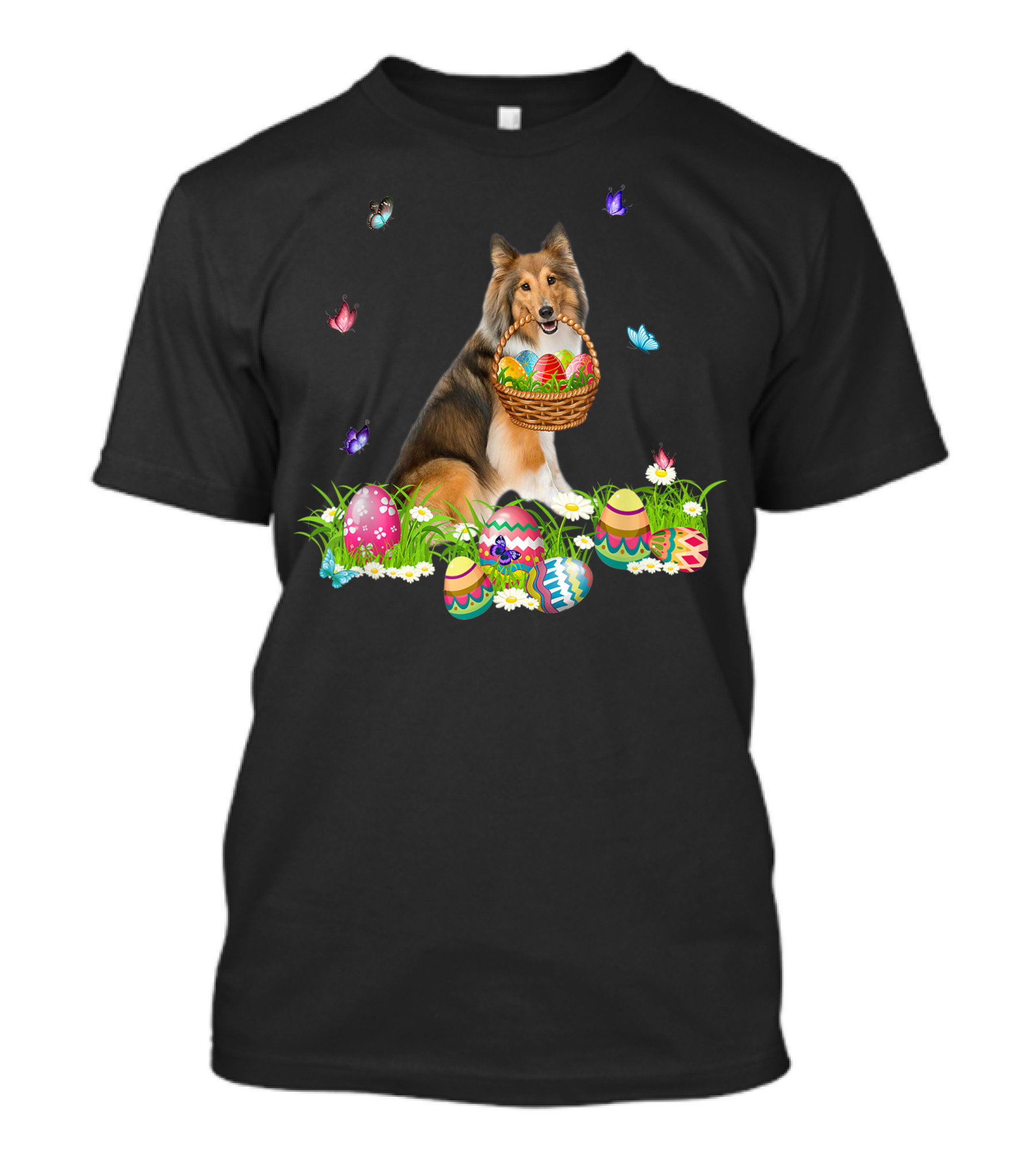 Sheltie Bunny Dog With Easter Eggs Basket And Butterflies T-Shirt