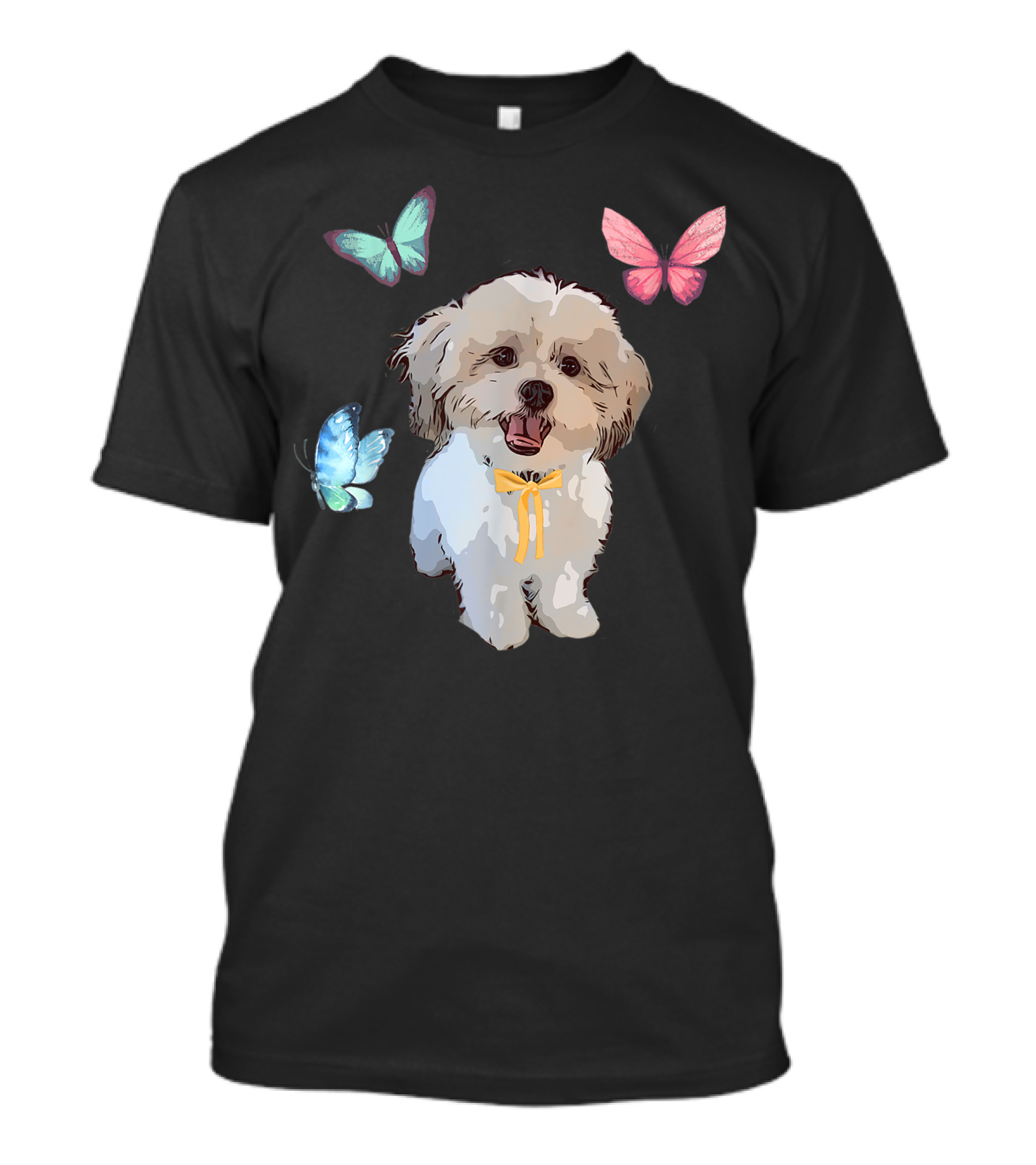 Shih Tzu With Colorful Butterflies And Yellow Bow T-Shirt