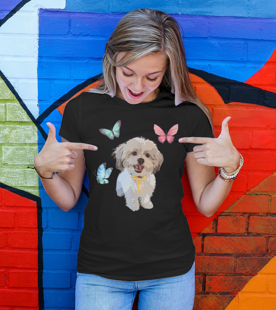 Shih Tzu With Colorful Butterflies And Yellow Bow T-Shirt