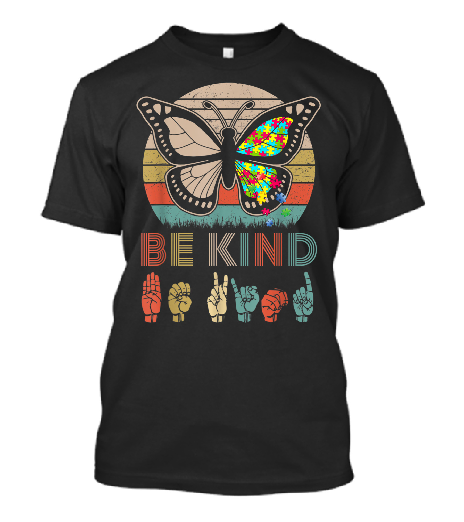 Be Kind Sign Language Butterfly Autism Puzzle Vintage Retro T-Shirt