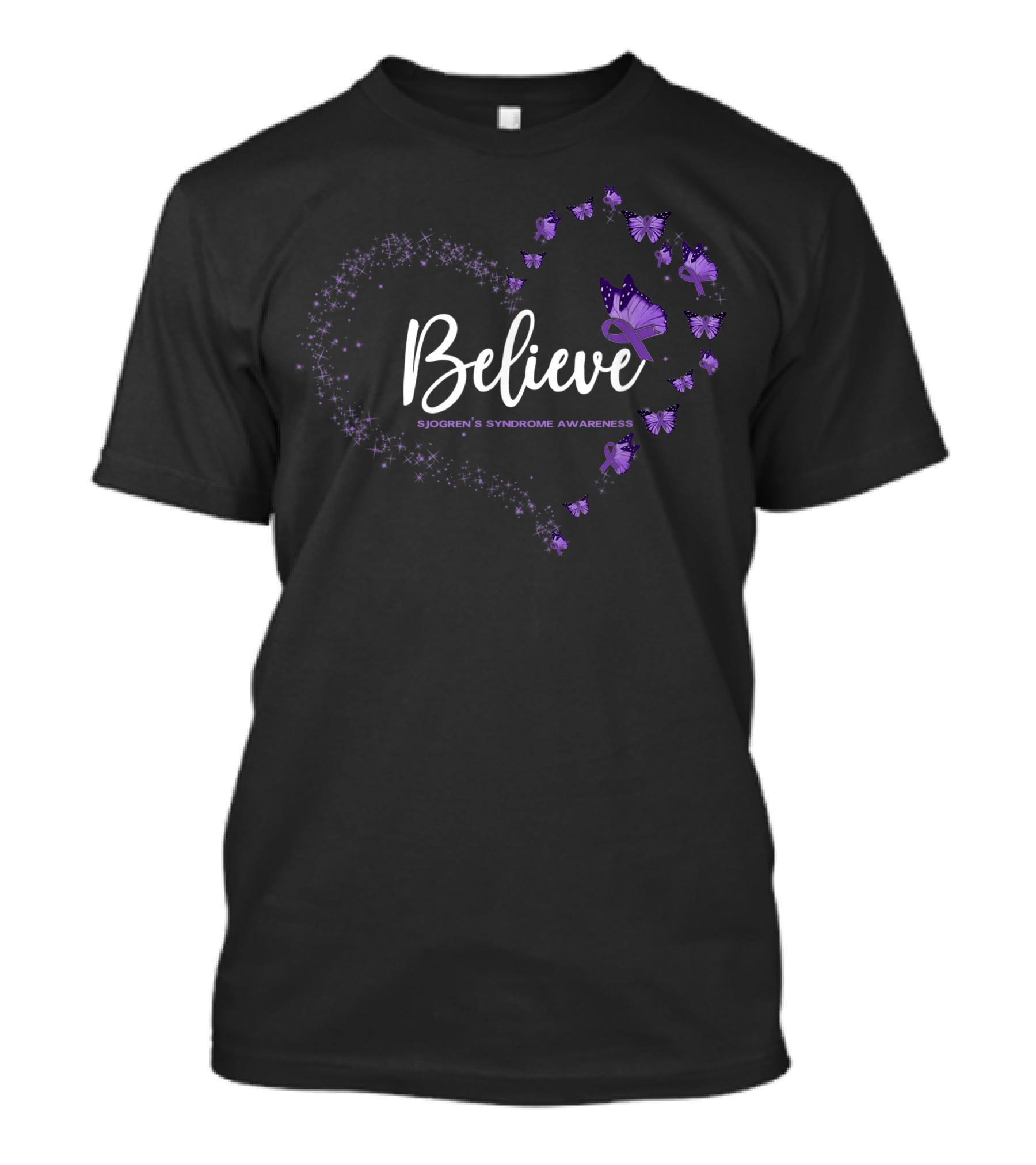 Believe Sjogrens Syndrome Awareness Butterfly Ribbon Heart T-Shirt