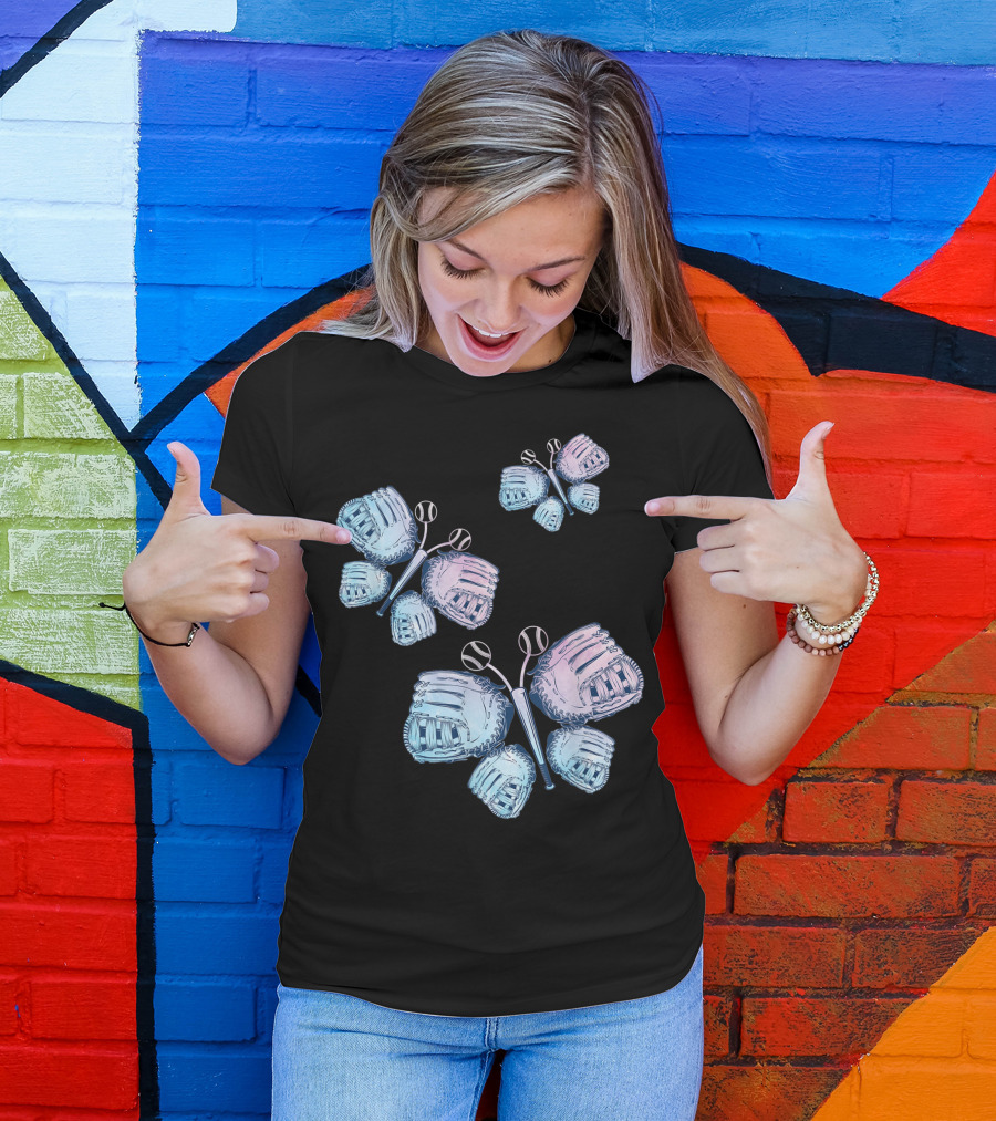 Softball And Baseball Glove Butterfly With Bats And Balls T-Shirt