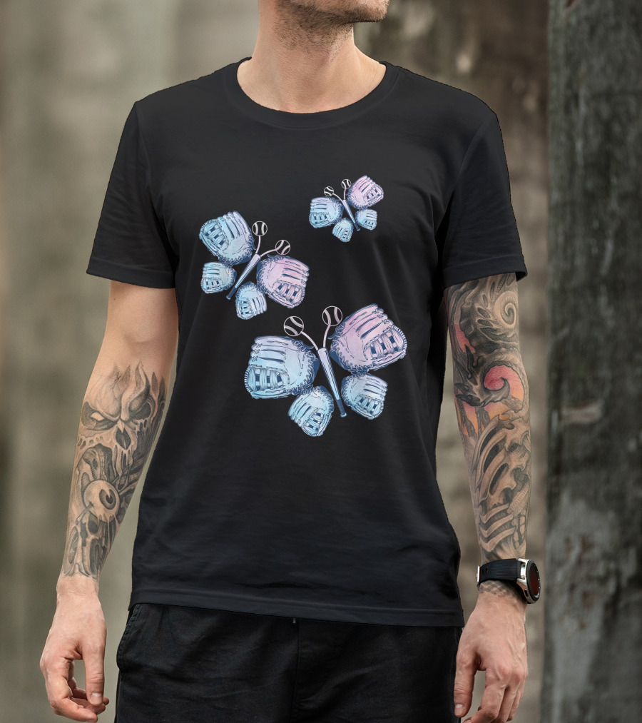 Softball And Baseball Glove Butterfly With Bats And Balls T-Shirt