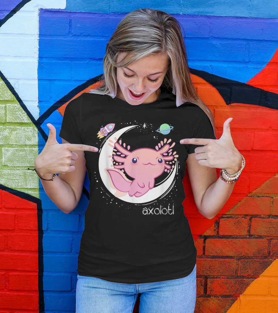 Space Axolotl Pastel Kawaii Goth Anime Moon Rocket Planet T-Shirt