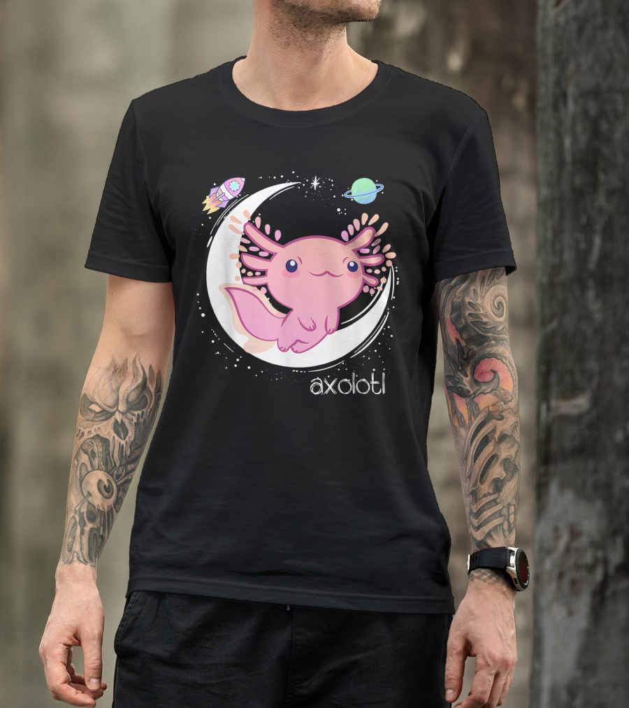 Space Axolotl Pastel Kawaii Goth Anime Moon Rocket Planet T-Shirt