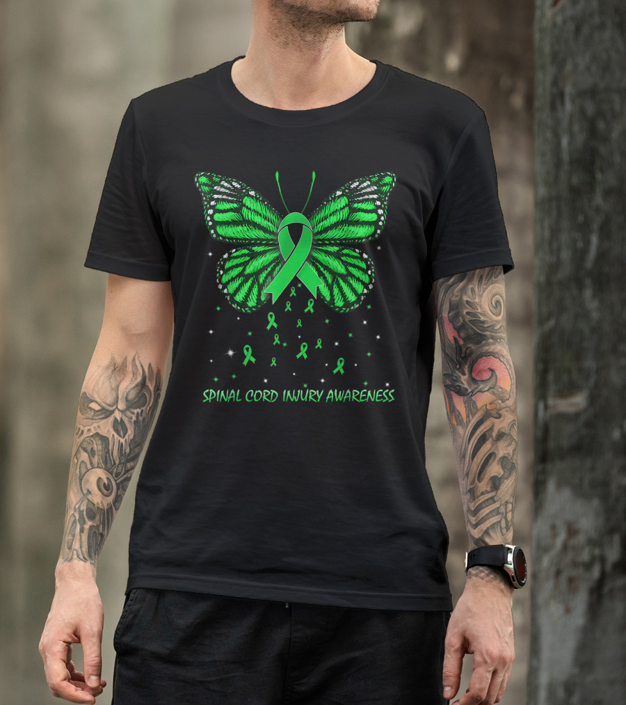 Spinal Cord Injury Awareness Green Ribbon Butterfly T-Shirt