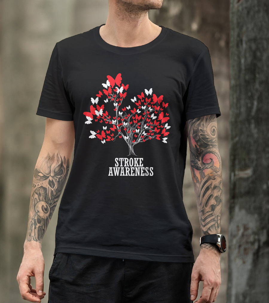 Stroke Awareness Red Butterflies Tree Symbol Month T-Shirt
