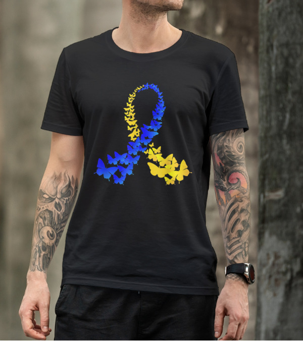 T21 Butterfly Blue Yellow Ribbon World Down Syndrome Day T-Shirt
