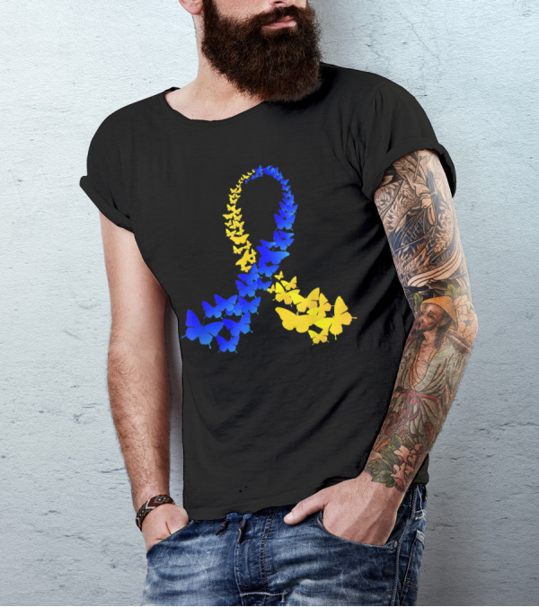 T21 Butterfly Blue Yellow Ribbon World Down Syndrome Day T-Shirt