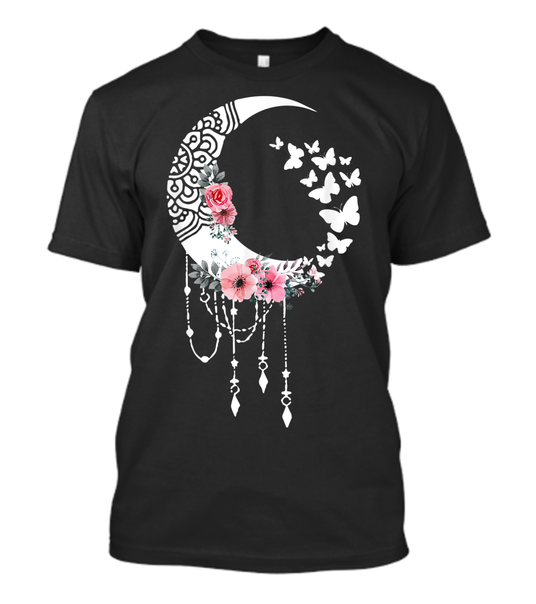 Floral Moon With Butterflies And Hippie Style Mandala T-Shirt