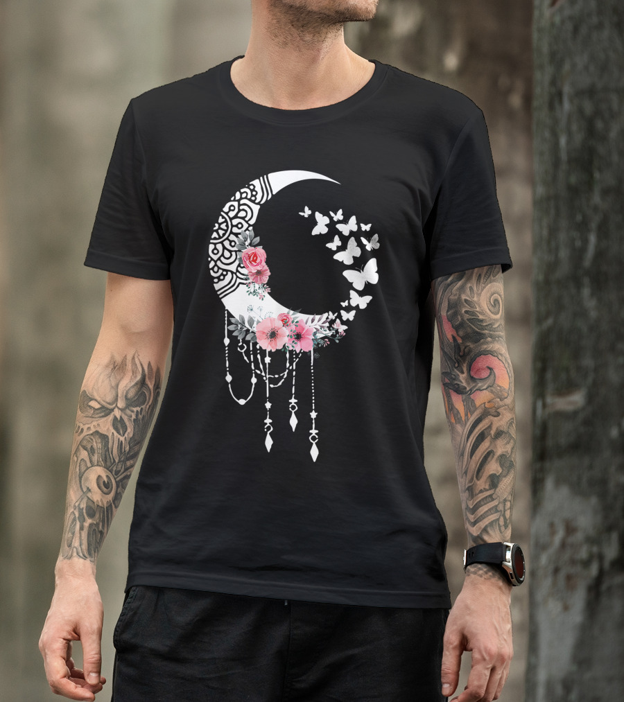 Floral Moon With Butterflies And Hippie Style Mandala T-Shirt
