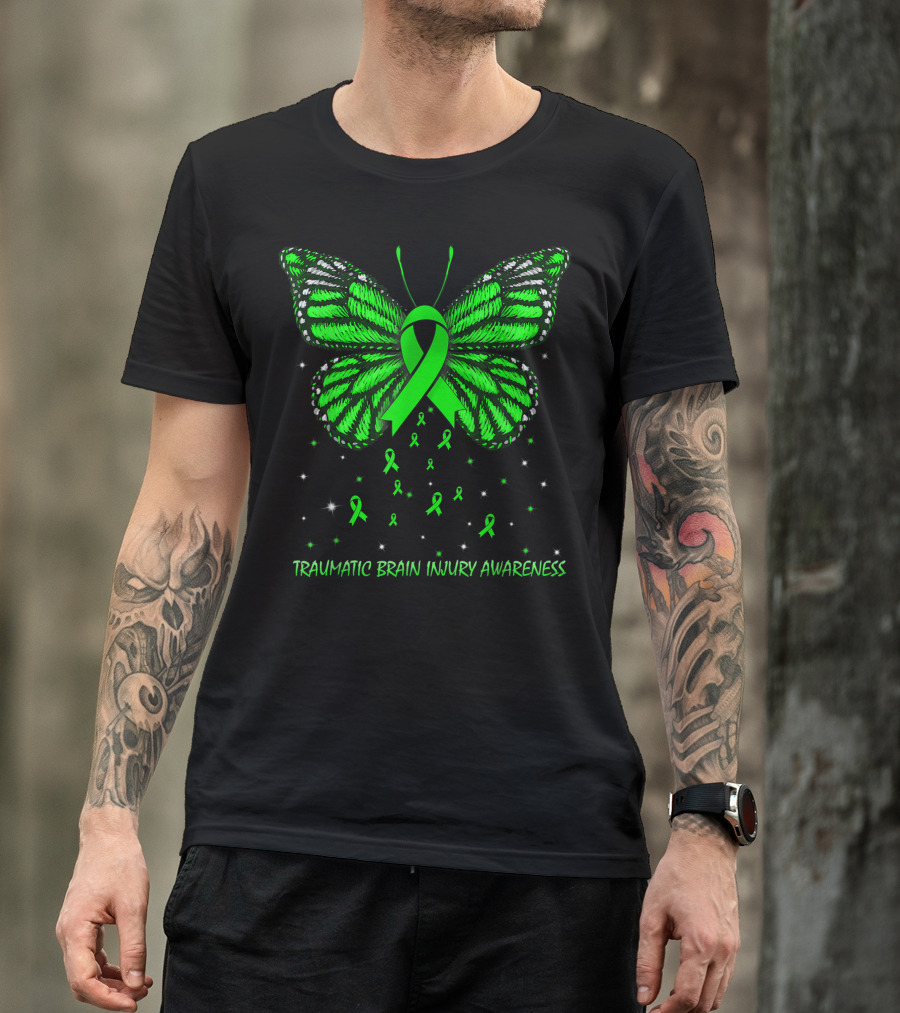 Traumatic Brain Injury Awareness Green Ribbon Butterfly T-Shirt
