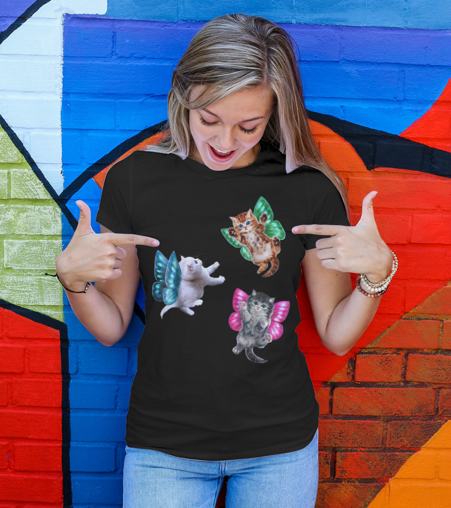 Kitten Cupid Angel Butterfly Wings Cute Cat Trio T-Shirt