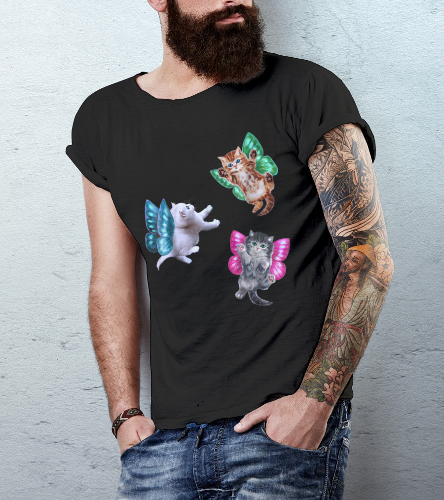 Kitten Cupid Angel Butterfly Wings Cute Cat Trio T-Shirt