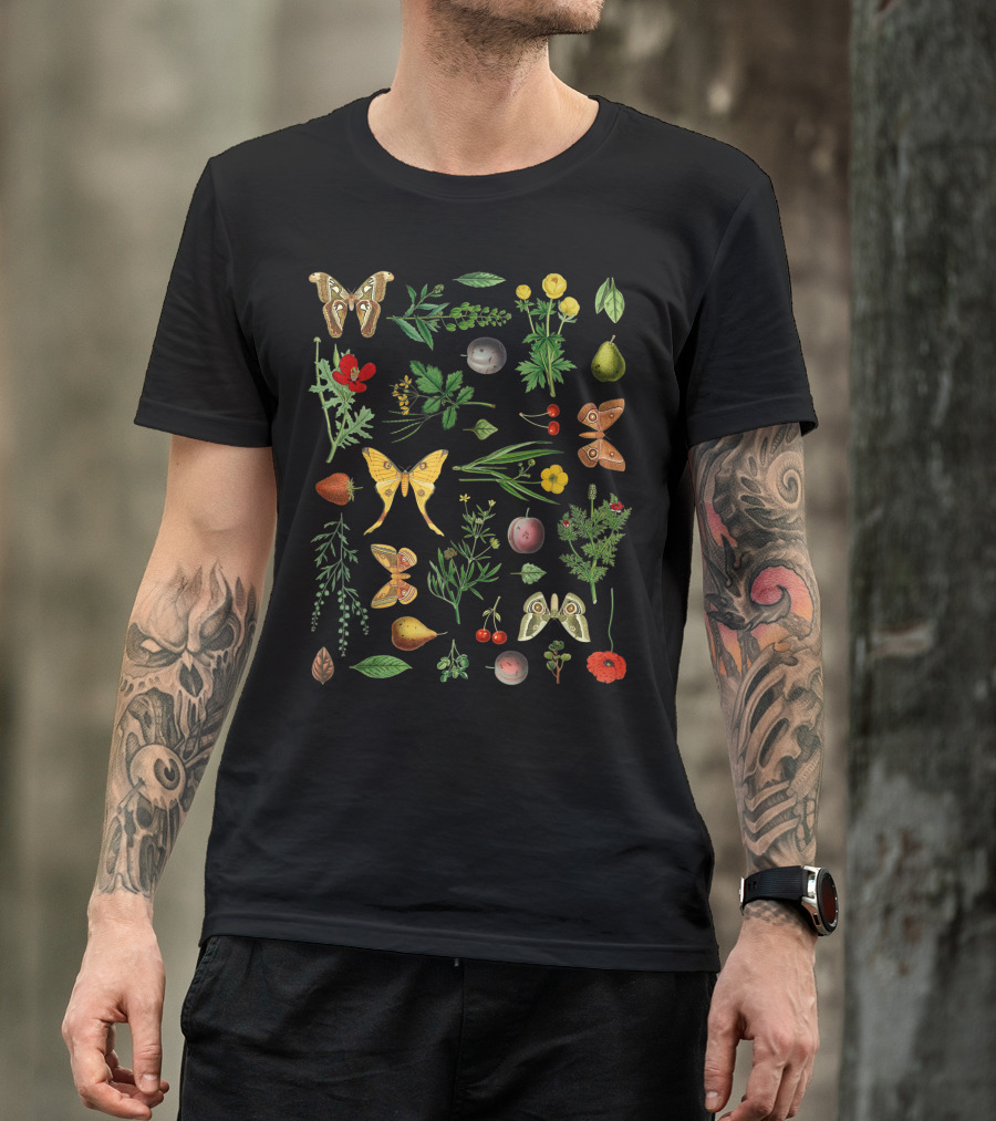 Vintage Botanical Cottagecore Flowers Fruits Moths T-Shirt