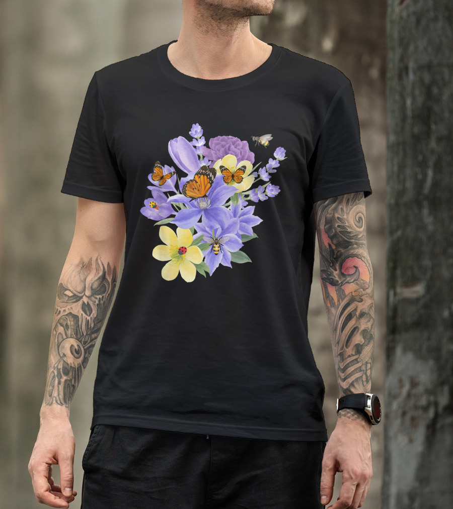 Vintage Monarch Butterfly With Botanical Flower Plant Arrangement T-Shirt