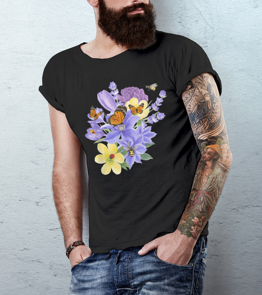 Vintage Monarch Butterfly With Botanical Flower Plant Arrangement T-Shirt