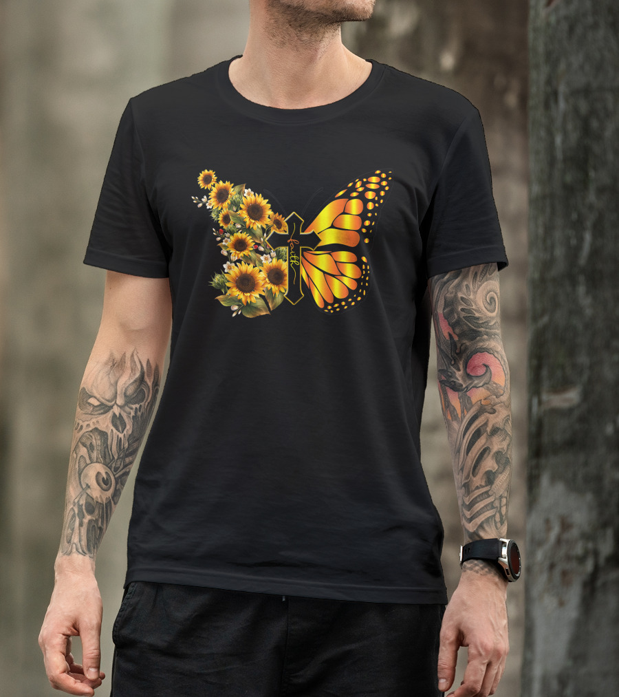 Faith Cross Sunflower Butterfly Christian Vintage Women Men T-Shirt