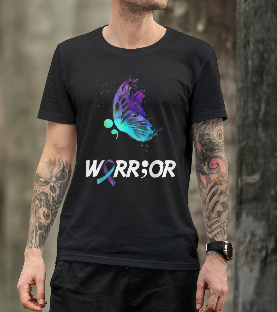 Warrior Semicolon Butterfly With Awareness Ribbon Suicide Prevention T-Shirt
