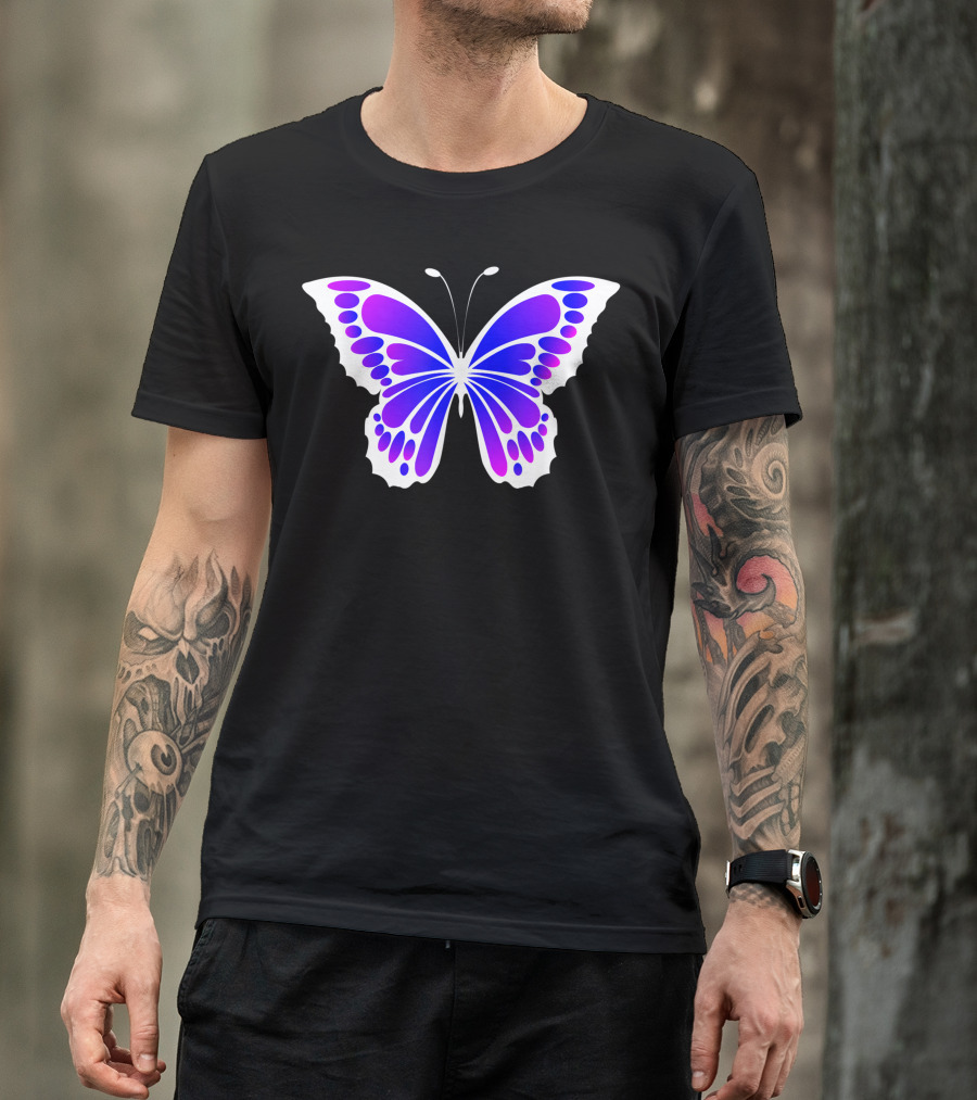 White Blue Purple Butterfly Pattern Wings T-Shirt