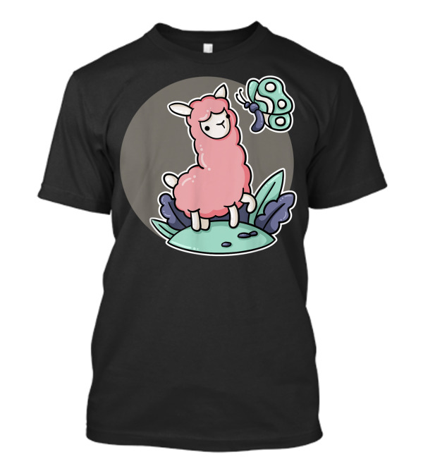Pink Alpaca Llama With Butterfly Nature Lover Trendy T-Shirt