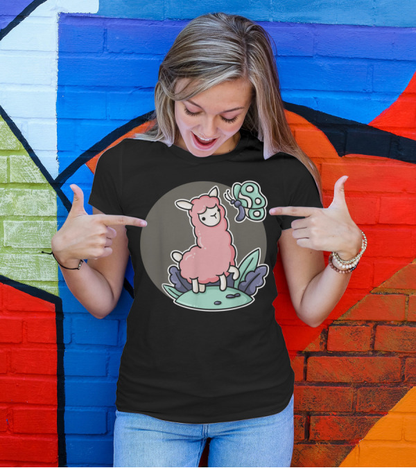 Pink Alpaca Llama With Butterfly Nature Lover Trendy T-Shirt