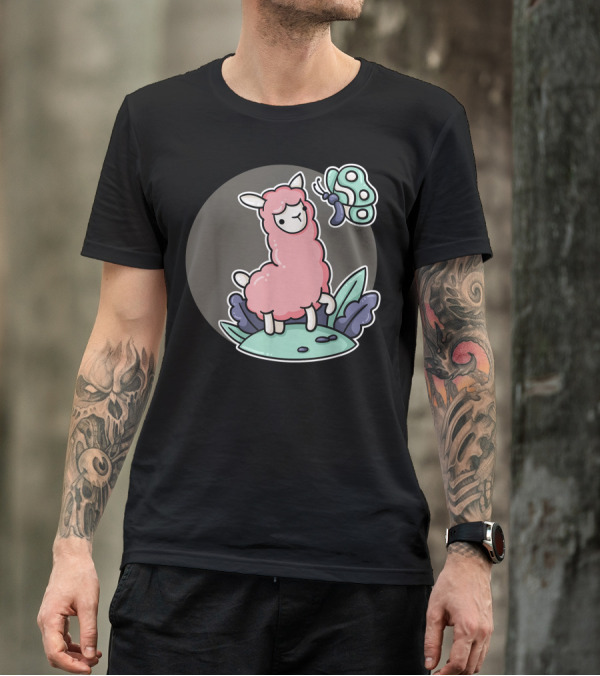 Pink Alpaca Llama With Butterfly Nature Lover Trendy T-Shirt