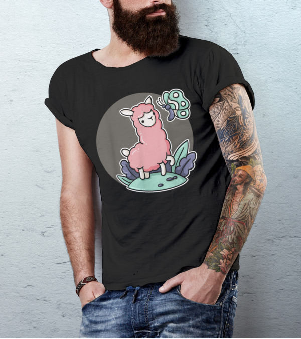Pink Alpaca Llama With Butterfly Nature Lover Trendy T-Shirt