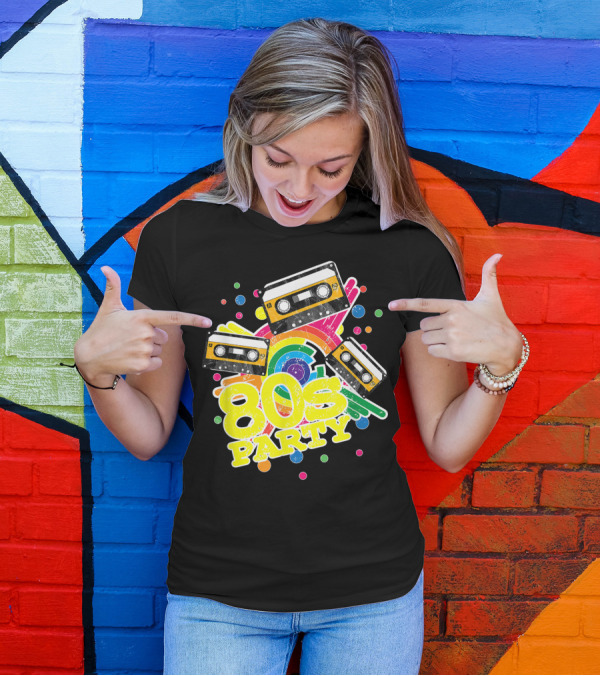 80s Party Colorful Cassette Old School Rainbow Dots T-Shirt