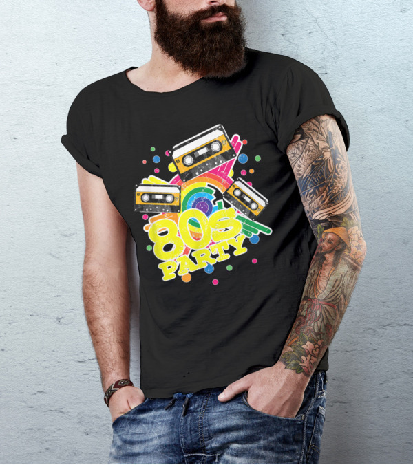 80s Party Colorful Cassette Old School Rainbow Dots T-Shirt