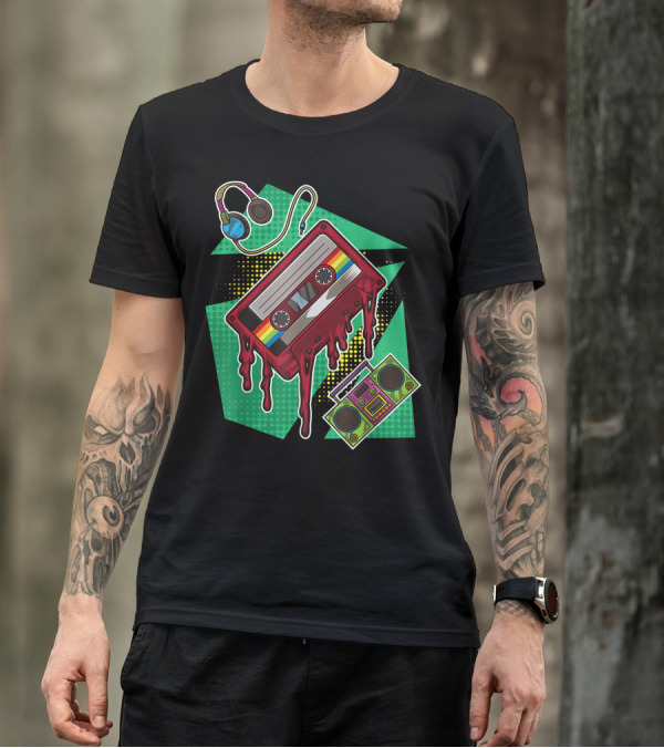 Vintage Melting Cassette Tape With Headphones And Boombox 90s Party Music Nineties T-Shirt