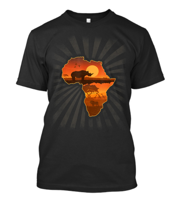 African Wildlife Safari Sunset Rhinoceros Silhouette In Africa Map T-Shirt