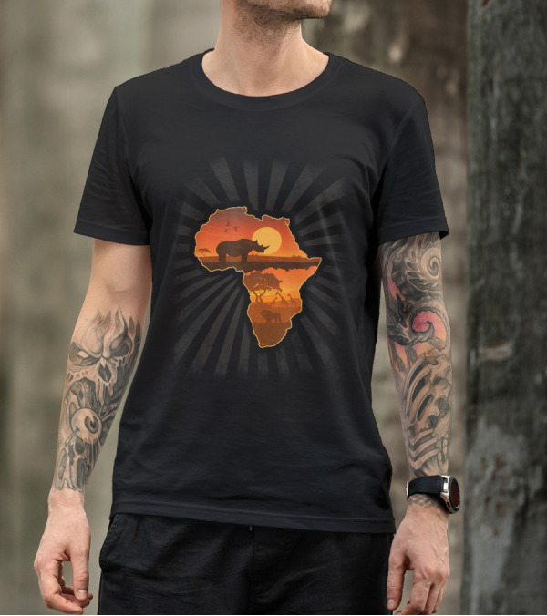 African Wildlife Safari Sunset Rhinoceros Silhouette In Africa Map T-Shirt