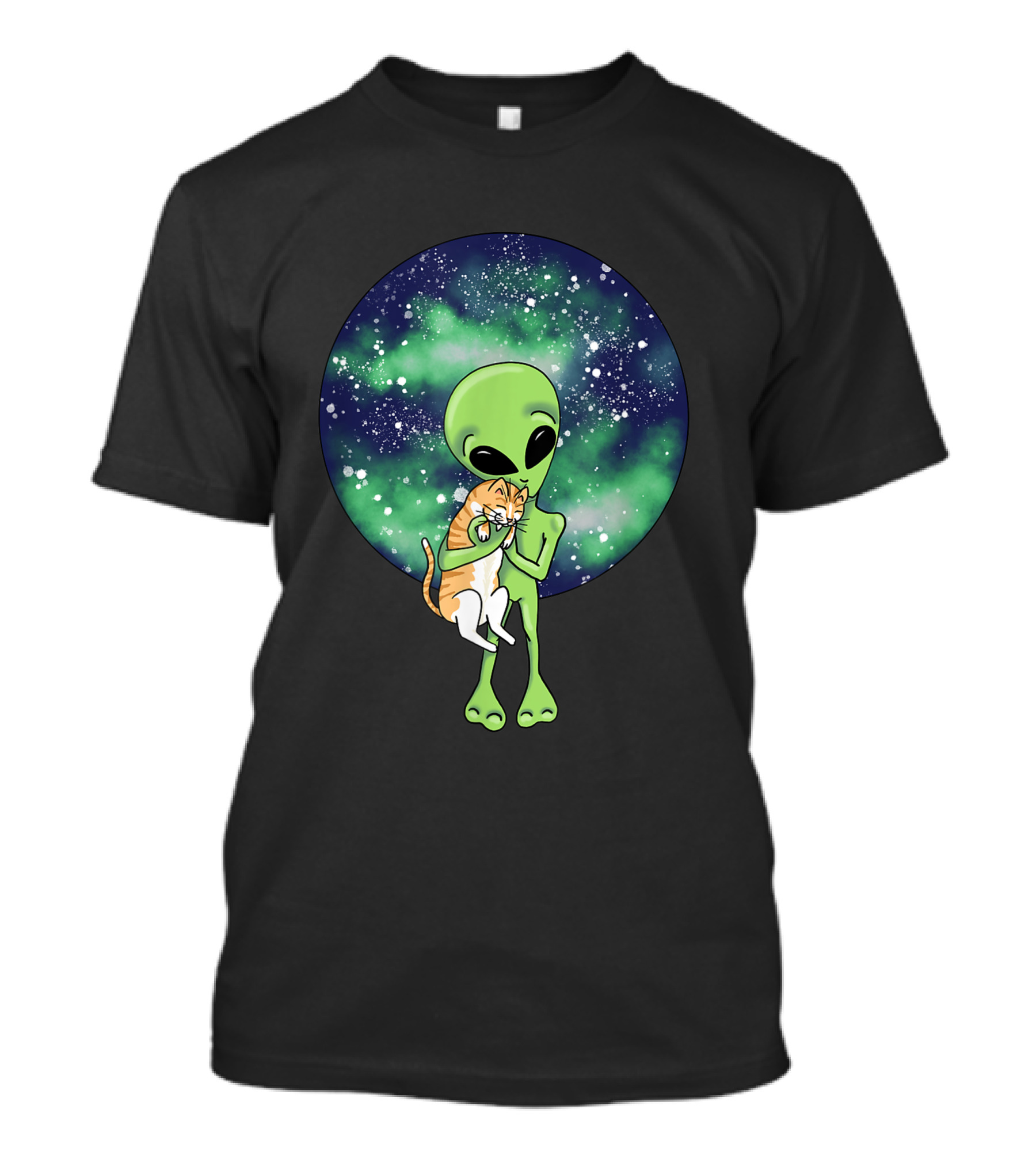 Alien And The Cat Hugging In Outer Space Background T-Shirt