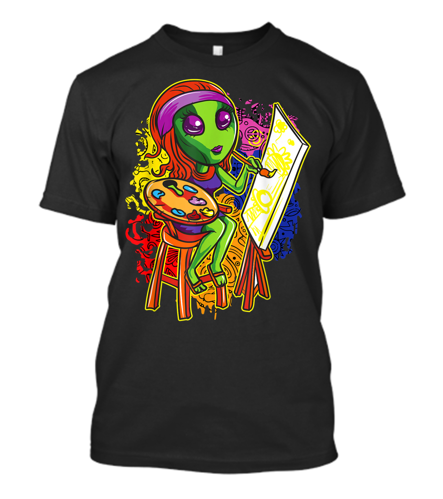 Alien Hippie Painter Girl With Palette And Easel In Cute Colorful Science Fiction T-Shirt