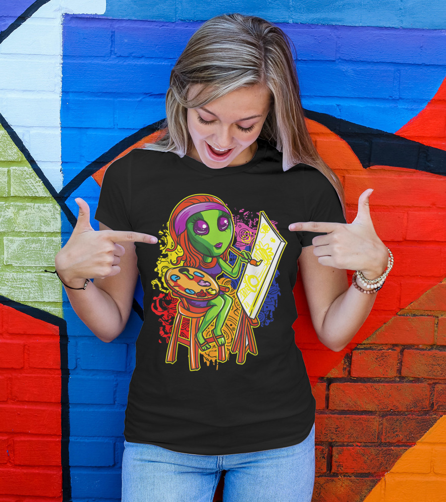 Alien Hippie Painter Girl With Palette And Easel In Cute Colorful Science Fiction T-Shirt