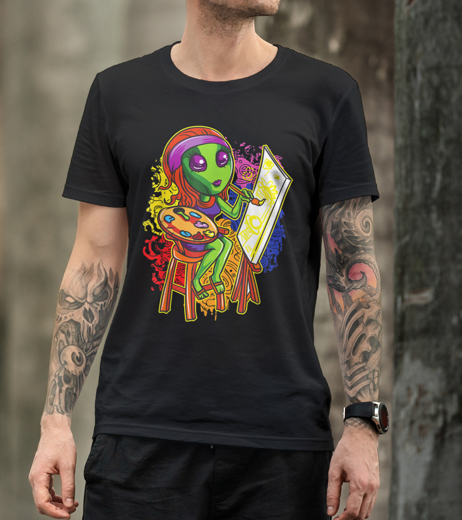 Alien Hippie Painter Girl With Palette And Easel In Cute Colorful Science Fiction T-Shirt