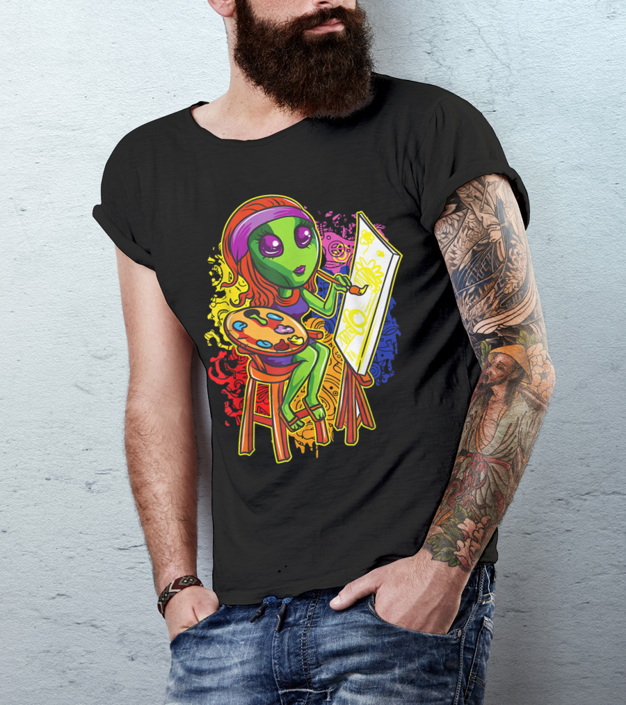 Alien Hippie Painter Girl With Palette And Easel In Cute Colorful Science Fiction T-Shirt