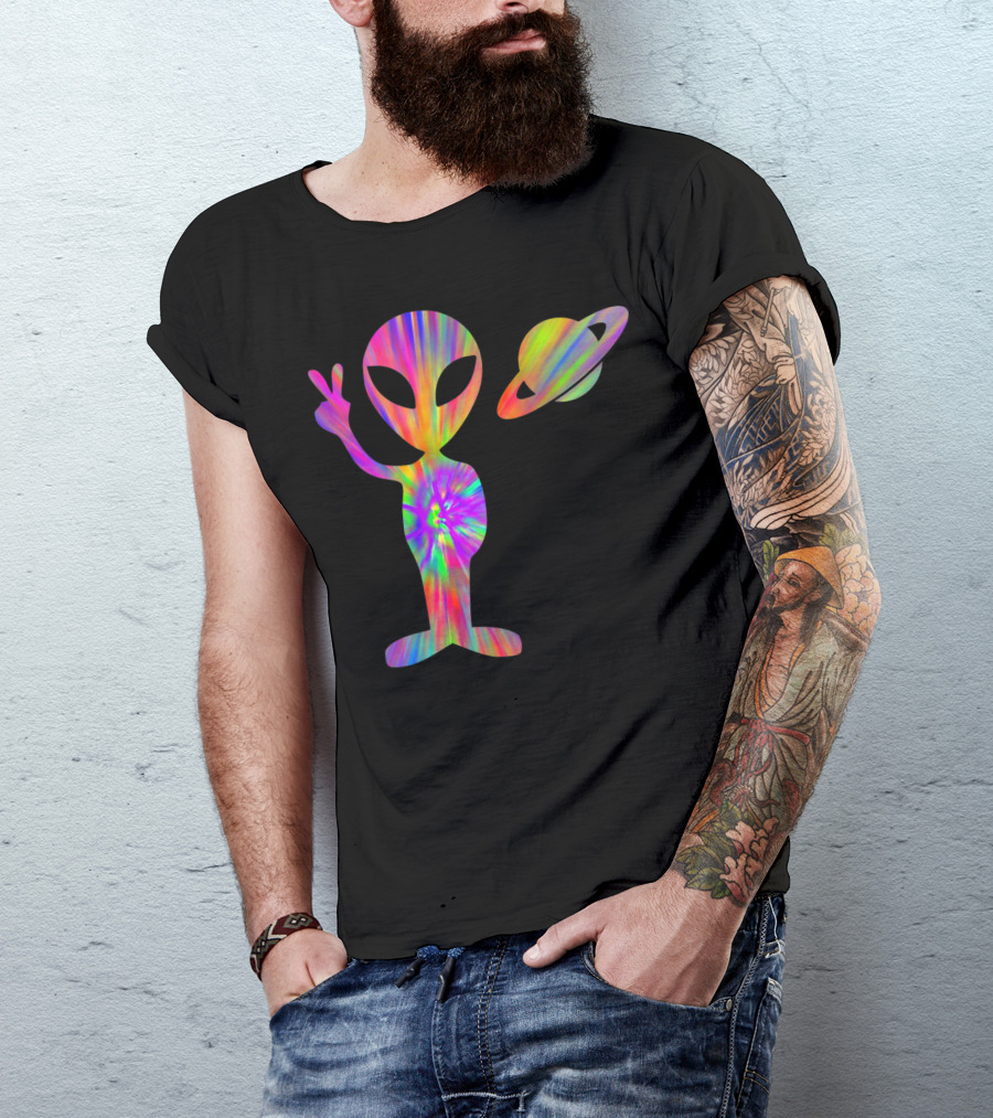 Tie Dye Alien Peace Sign With Saturn Ufo Roswell Vibes T-Shirt