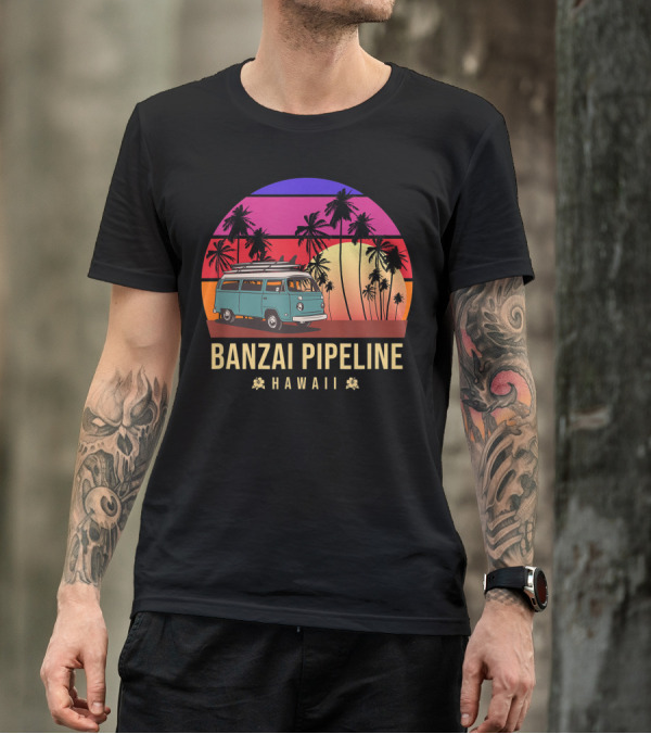 Banzai Pipeline Hawaii Vintage Surf Van Sunset Palms T-Shirt