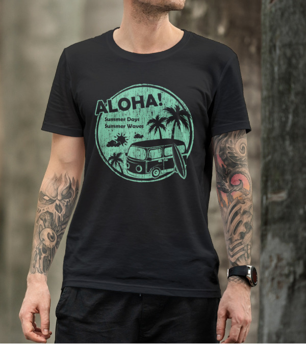 Aloha Summer Days Summer Waves Grn Van Palm Trees Surfboard T-Shirt