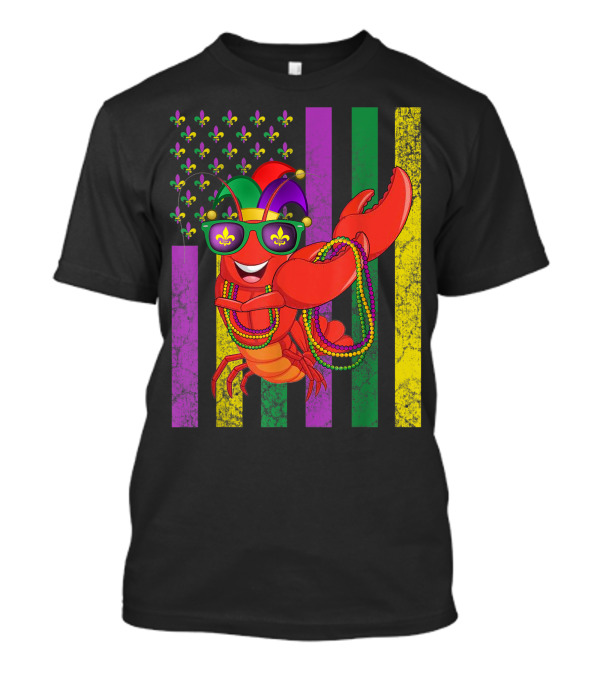 American Flag Mardi Gras Crawfish Dabbing Fleur-de-lis Beads Jester Hat Sunglasses Stripes T-Shirt