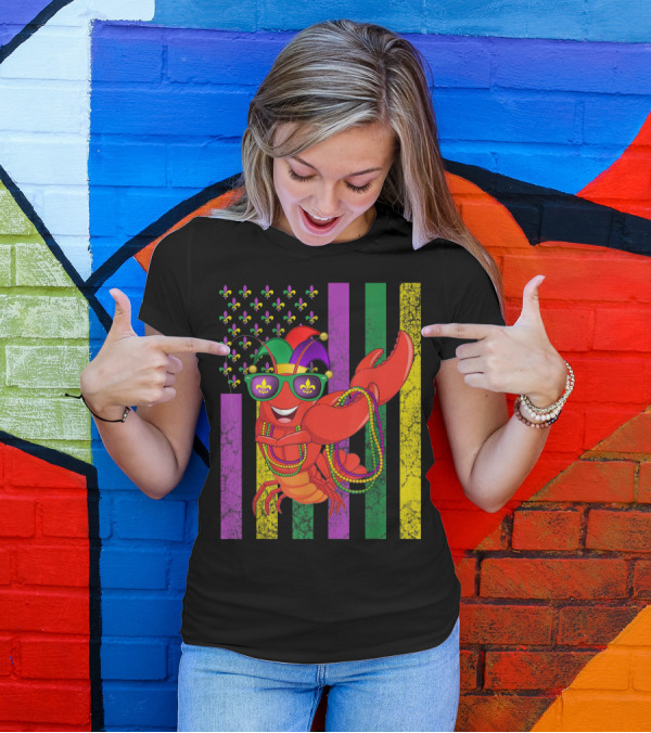 American Flag Mardi Gras Crawfish Dabbing Fleur-de-lis Beads Jester Hat Sunglasses Stripes T-Shirt