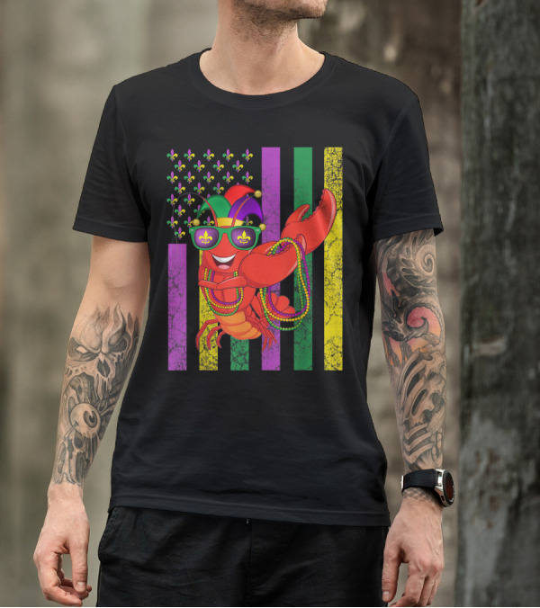 American Flag Mardi Gras Crawfish Dabbing Fleur-de-lis Beads Jester Hat Sunglasses Stripes T-Shirt