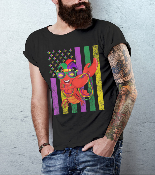 American Flag Mardi Gras Crawfish Dabbing Fleur-de-lis Beads Jester Hat Sunglasses Stripes T-Shirt