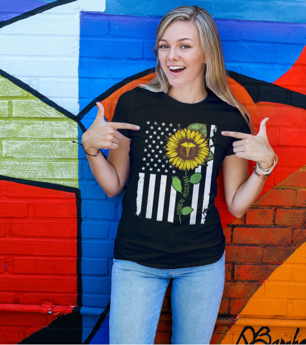 American Flag Sunflower Medical Assistant Caduceus T-Shirt