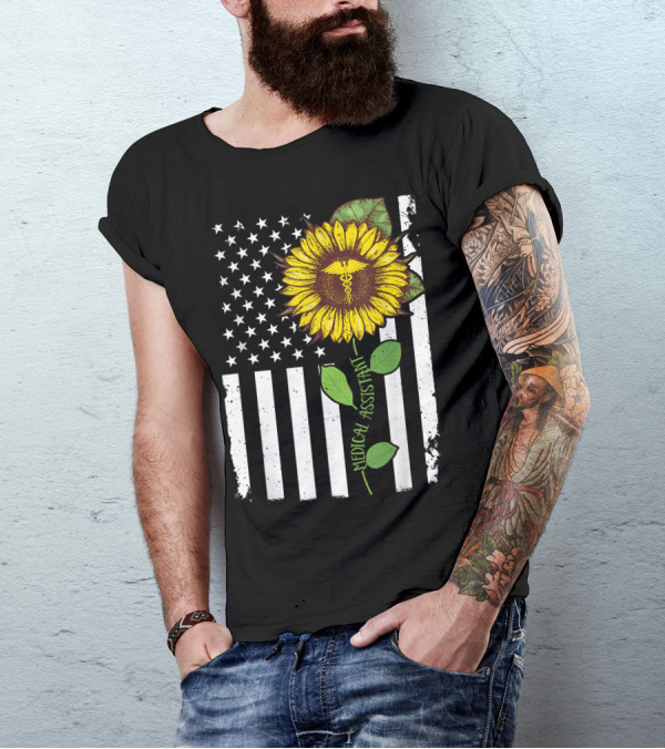 American Flag Sunflower Medical Assistant Caduceus T-Shirt