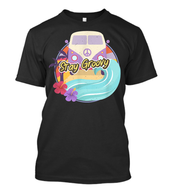 Stay Groovy Vintage Hippie Bus With Peace Symbol And Tropical Surf Vibes T-Shirt